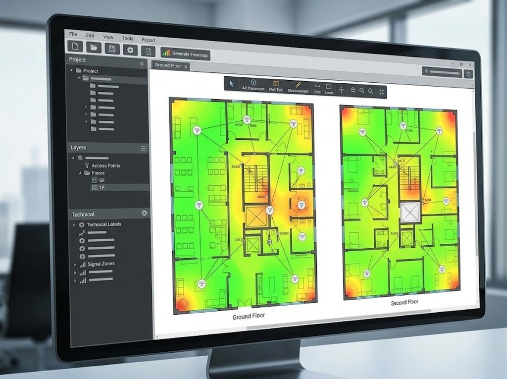Étude de couverture wifi sur le plan d’un bâtiment