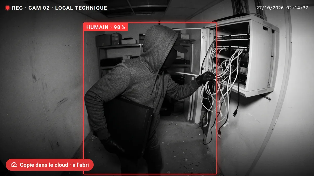 Image de vidéosurveillance : un cambrioleur emporte l’enregistreur, détecté par l’IA et déjà copié dans le cloud