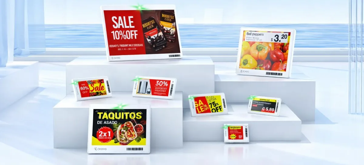 Étiquettes électroniques ZKONG affichant des promotions en couleur